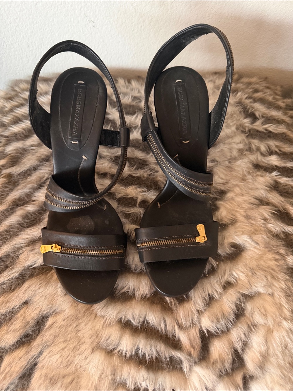 BCBGMaxAzria Black Sandal Heels with Gold Zipper Detail
